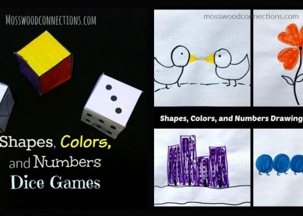 Shapes, Colors, and Numbers Dice Games - drawing games that kids can play by rolling the dice. #mosswoodconnections #shapes #colors #drawing #numbers #education #homeschool