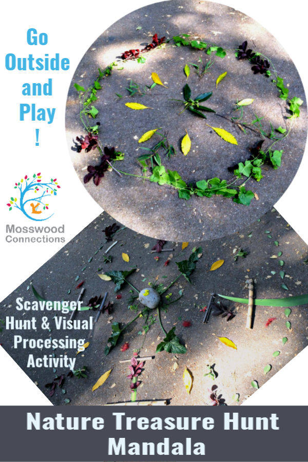 Nature Treasure Hunt Mandala Scavenger Hunt & Visual Processing Activity #mosswoodconnections #visualprocessing #visionskills #mandala #outdoorgames
