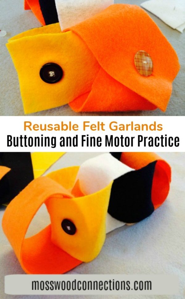 Felt Garlands for Buttoning and Fine Motor Practice #mosswoodconnections #pincergrip #buttoning #finemotor #sewingwithkids #holidays