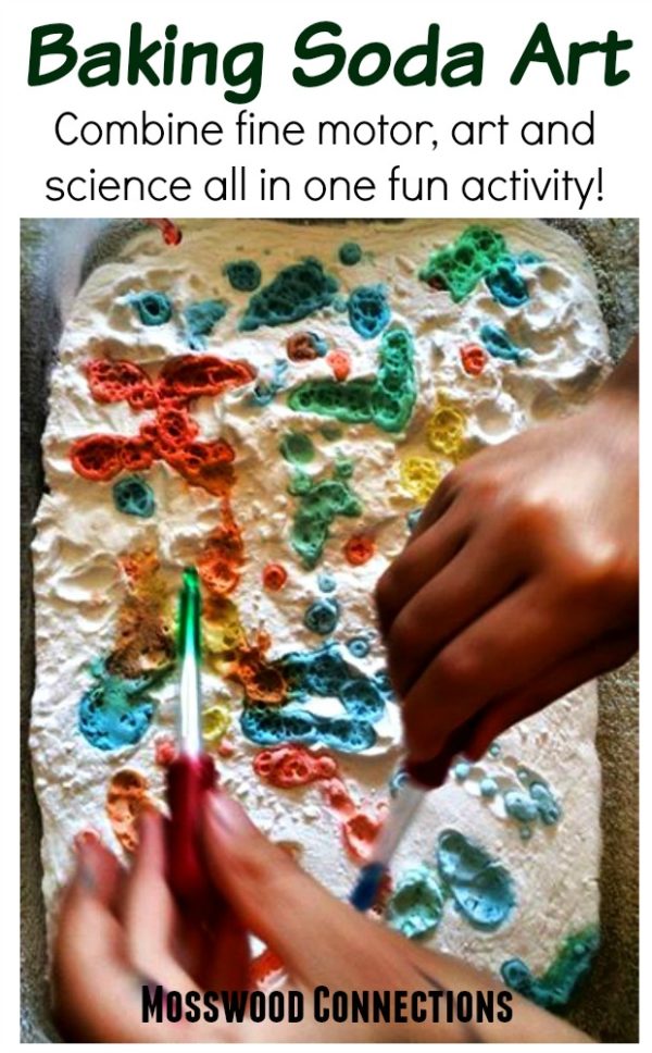 Baking Soda Art: Combine fine motor, art and science! #mosswoodconnections #craftsforkids #finemotor #preschool #science