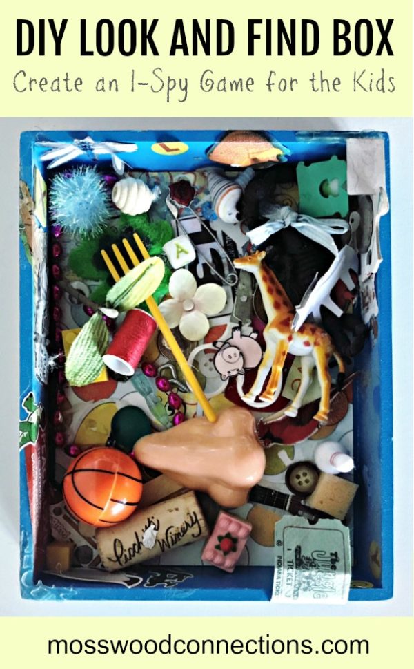 DIY LOOK AND FIND BOX; Create an I Spy Game for the Kids #mosswoodconnections #visualprocessing #visionskills #DIYtoy #ISpyGame #recycledtreasure