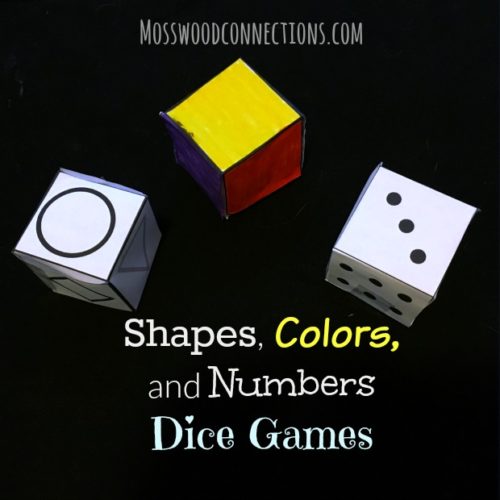 Shapes, Colors, and Numbers Dice Games - drawing games that kids can play by rolling the dice. #mosswoodconnections #shapes #colors #drawing #numbers #education #homeschool