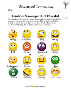 Feelings and Emotions Scavenger Hunt: A Social Skills Activity #mosswoodconnections #autism #socialskills #feelings #scavengerhunt #printablegame