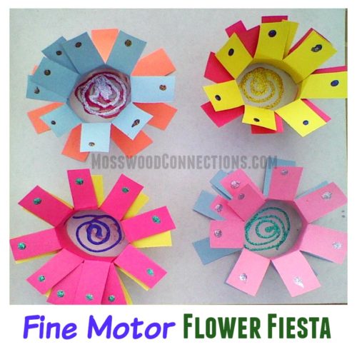 Fine Motor Flower Fiesta is packed full of skills: Hand strength, pincer grasp, visual-spatial skills, proprioception exercise, scissor & pre-writing skills #mosswoodconnections #finemotor #scissorskills #crafts