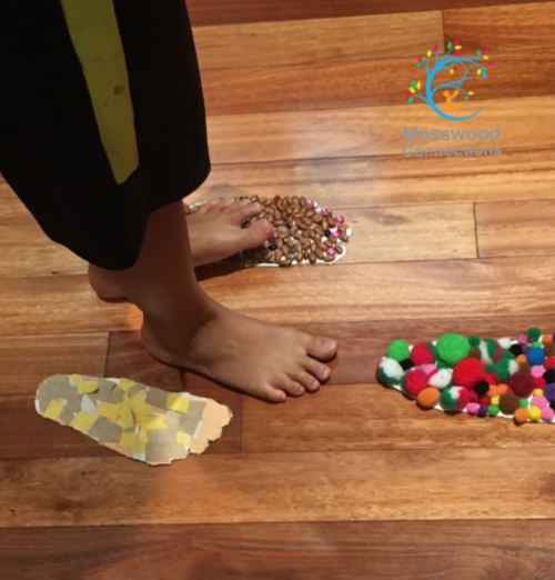 Footprints Sensory Gross Motor Activity #mosswoodconnections #crafts #DIY #sensory #finemotor #obstaclecourse #grossmotor #fun